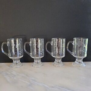 Princess House Etched Floral Glass Coffee Mugs Footed Irish Coffee Mugs Set of 4